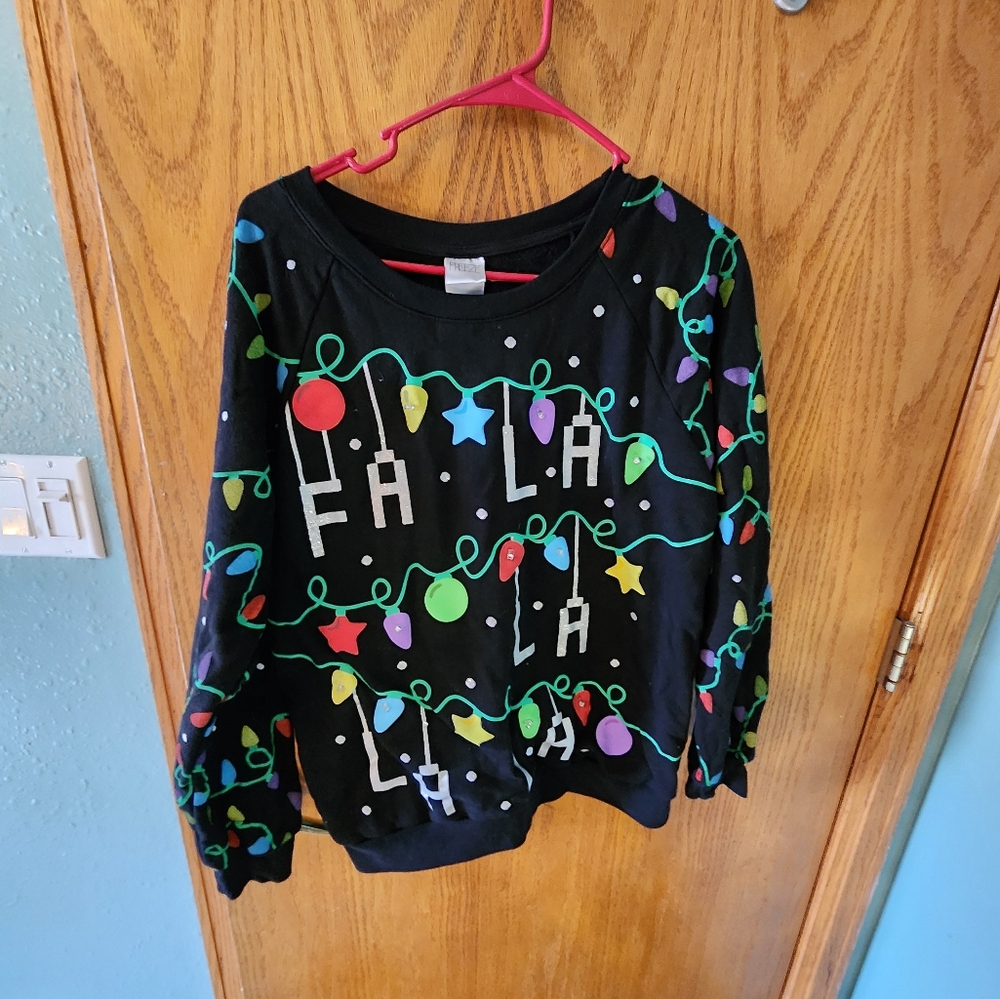 Womens Black Christmas Sweater with Colorful Light Design And FA LA LA. XL